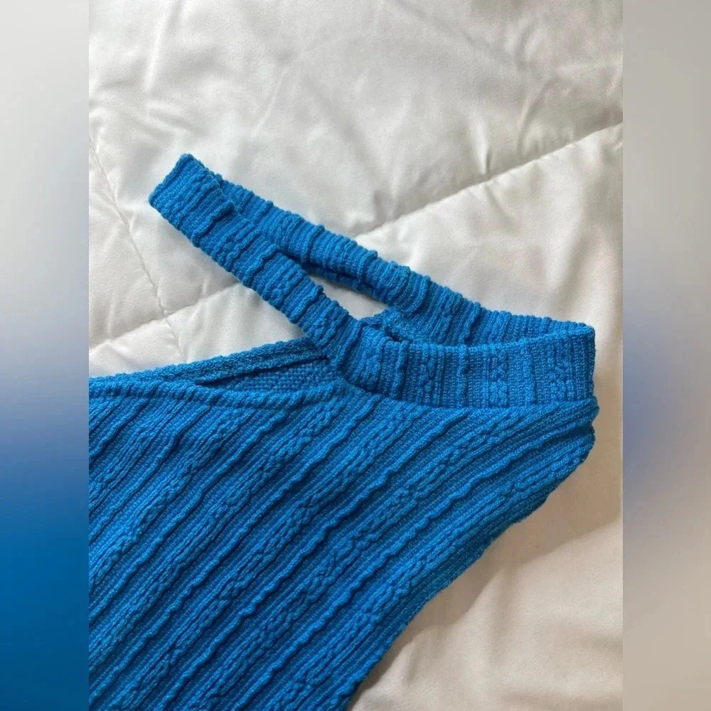 Zara Asymmetrical Boho Hippie Cable Knit Blue Crop Top size S - Picture 7 of 9